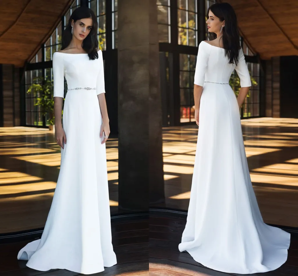 Vestido De Novia De Longitud De Té Simple: Elegantes Vestidos De Novia Del  Cuello En Bote Con Medias Mangas, Cuentas Y Fajas Vestido De Novia De  Longitud De Piso De 69,27 € | DHgate, image size:1024x950