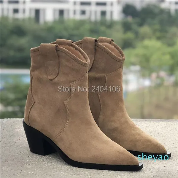 Boots High Quality Suede Brown Pointed Toe Short Booties Woman Stacked Cuban Heel Vintage Shoes Slip On Western Cowboy For Women 6652