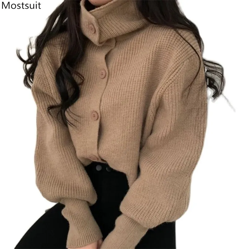 Winter Women Knitted Cardigan Sweater Korean Loose Long Sleeve Turtleneck Single Breasted Tops Ladies Cardigans 210513