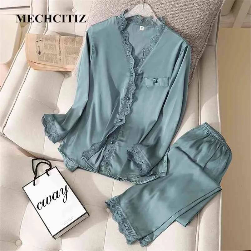 Mechcitiz Pajamas Satin女性2個睡眠セットセクシースプリーウェアパンツ秋シルクパジャマ着物バスローブナイトウェア210830