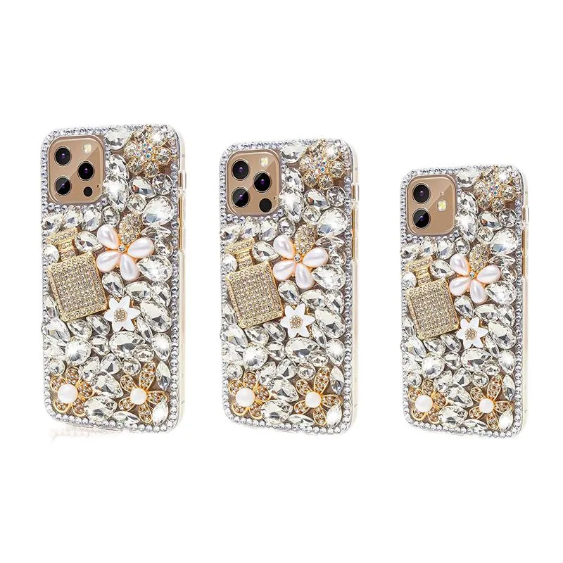 Custodie di lusso con glitter glitterati con diamanti pieni Bottiglia di profumo Custodia in acrilico trasparente fatta a mano per iPhone 13 12 11 Pro MAX 8 Samsung S20 FE S21 Ultra A02S A12 A22 A32 A42 A52 A72 A21S