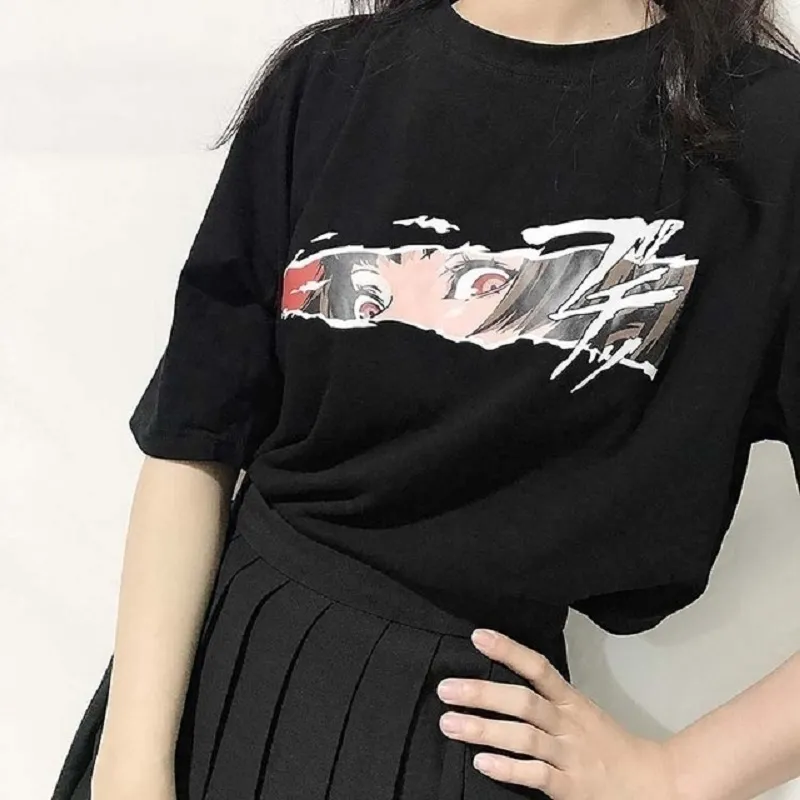 Korean Moda Tumblr Ulzzang Anime Face Black Women T-shirt Harajuku Styl Oversize Tee Gothic Grunge Odzież 210518