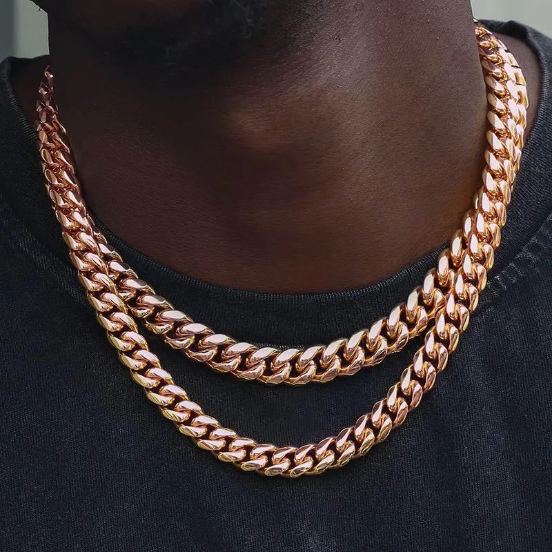 Łańcuchy Hip Hop Miami kubański Link Chain naszyjniki dla mężczyzn 8mm różowe złoto 316L Titanum Steel Choker biżuteria