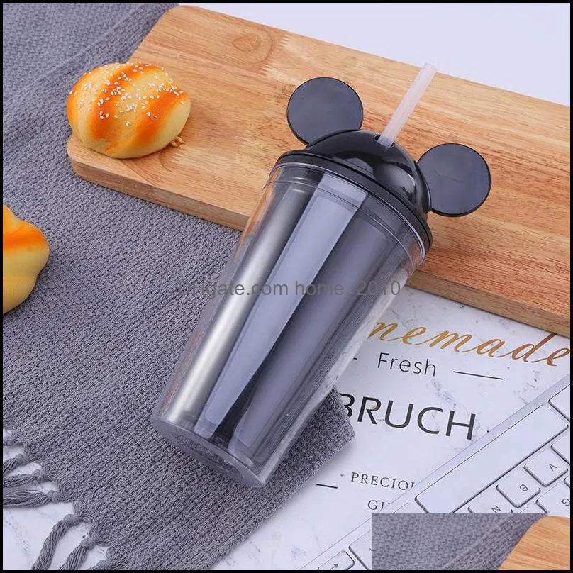 450ML Tumblers cute mouse ears plastic double wall transparent ice water bottle tumbler cup juice summer drink coffee straw bottles