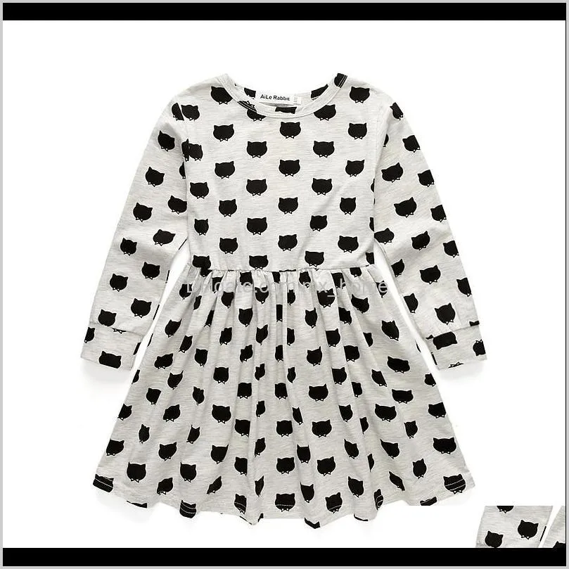 girls dress cotton fashion long-sleeved cat head ins hot girls casual out clothing children`s clothing apparel k1