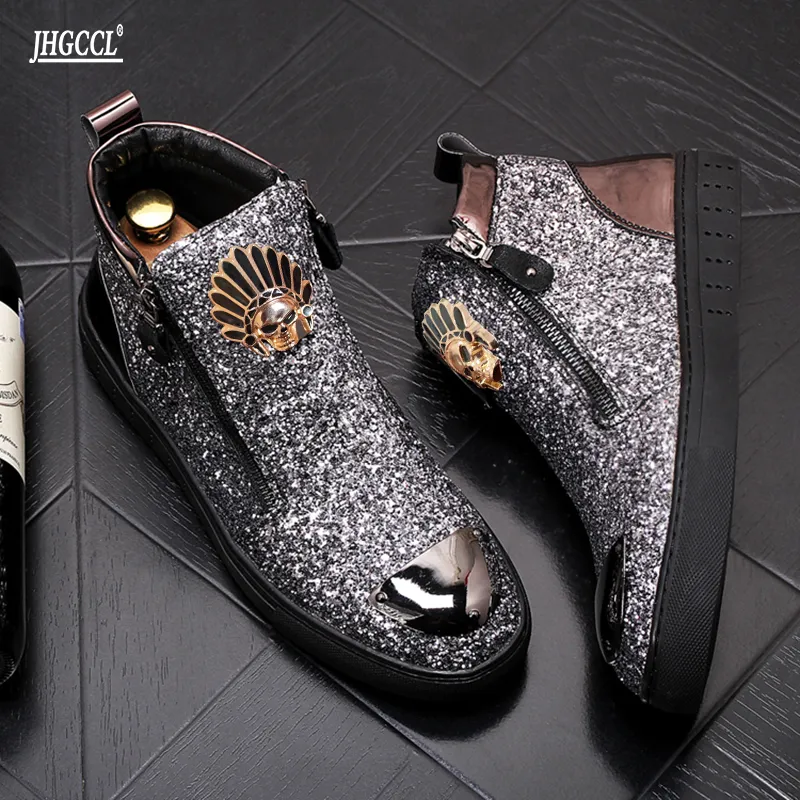 New men's casual boots sequins Punk Hip Hop Loafers Male Casual Shoes Height Increasing Flats Zapatillas Hombre k8