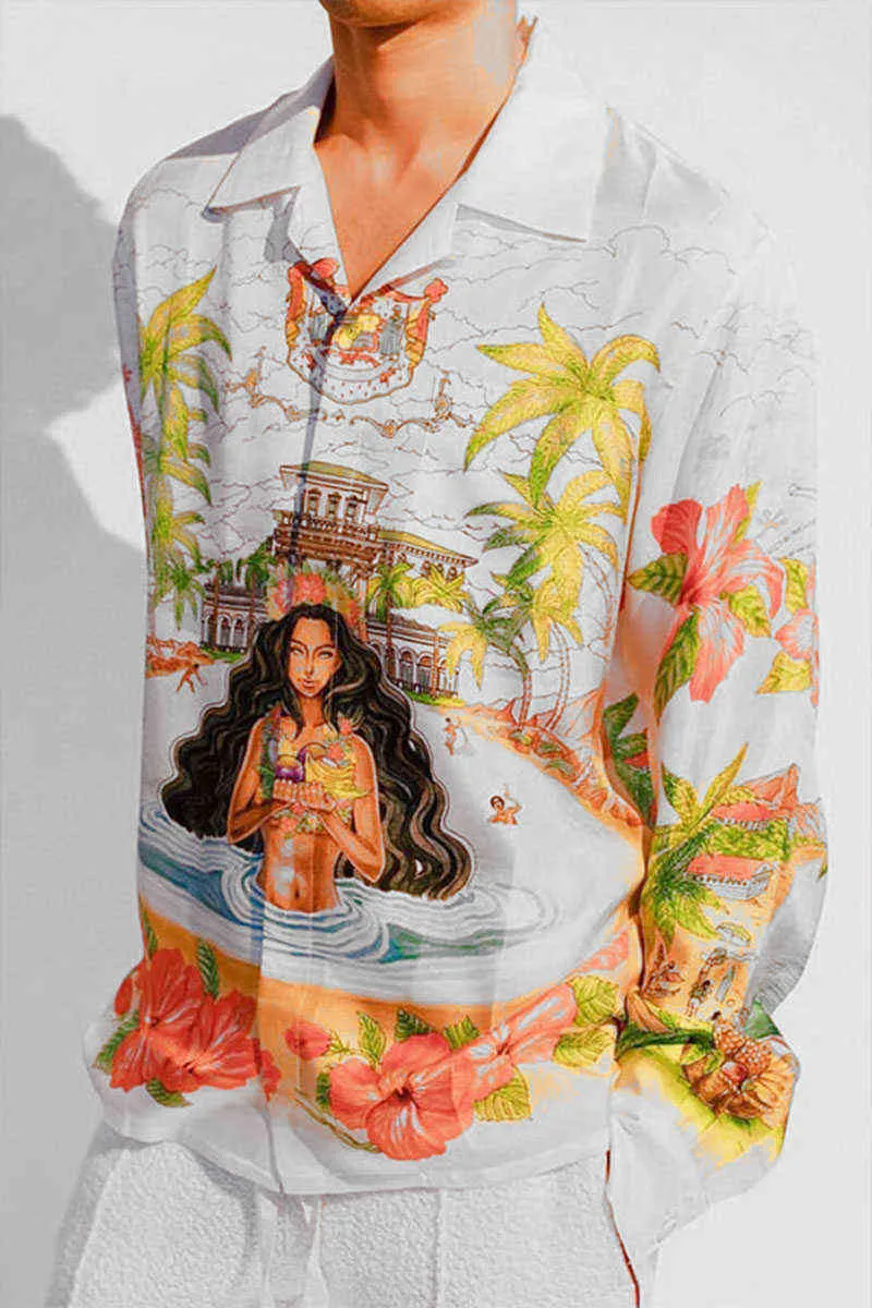Meichao Casablanca SS21 Vår och sommar Royal Princess Tryckt Cool Satin Hawaiian Långärmad tröja