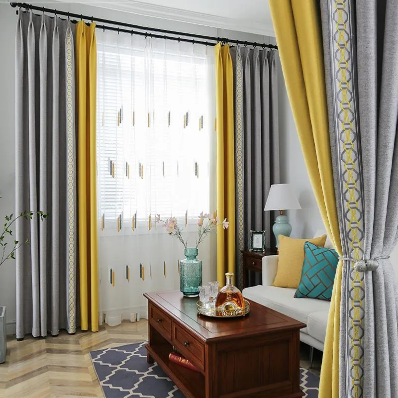 Custom Curtains Simplicity Modern Nordic Splicing Yellow Gray Cotton Window Lace Blackout Curtain Livingroom Tulle M1050 & Drapes