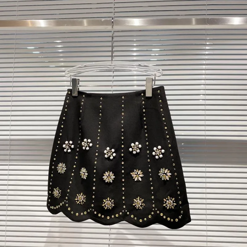 New Women's high waist rhinestone beading flower pattern a-line short skirt plus size SML