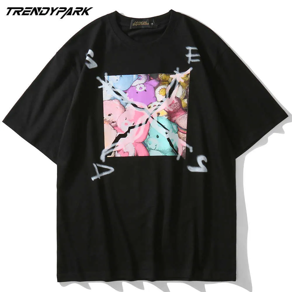 Tshirts streetwear hip hop cartoon björn dockor tryckta punk rock oversized tees shirts hajuku kort ärm bomull toppar 210601