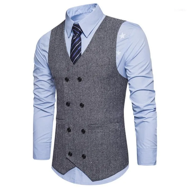 2021 Men Formal Tweed Check Double Breasted Waistcoat Retro Slim Fit Suit Jacket Man Fashion Vest 18August21