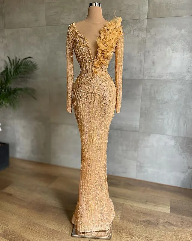 Gold Mermaid Plus Size Prom Dress, Elegant Beaded Gown