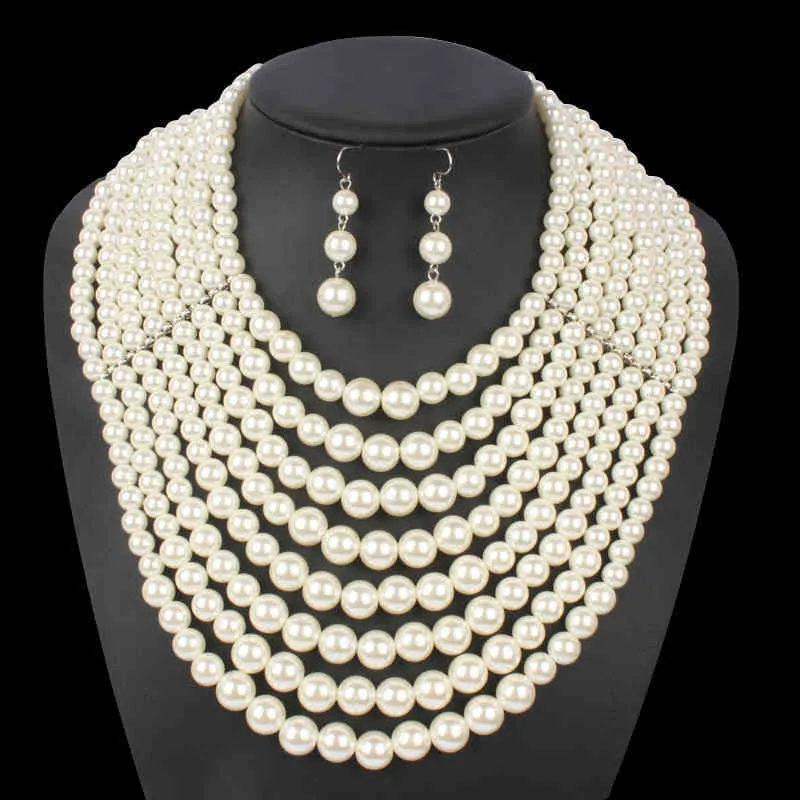 Handgjorda Pearl Multi Layer Pärlor Halsband Örhängen Sätta Nigerianska Bröllop Indiska Bröllop Tillbehör Afrikanska Smycken Krage