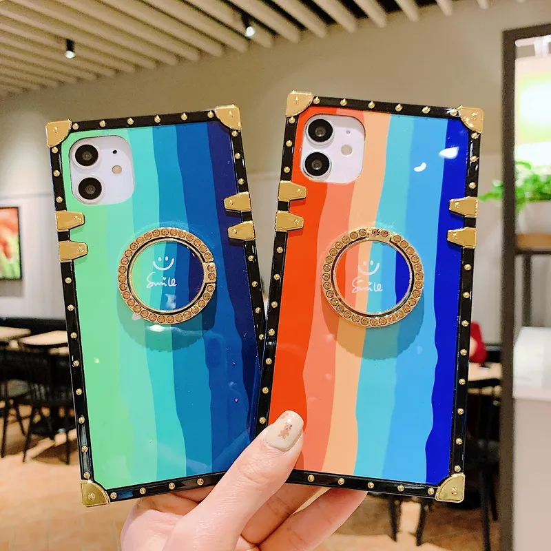Rainbow pattern luxury designer show box phone cases with ring holder for iPhone 12 11 pro promax X XS XSMAX 7 8 Plus Samsung note20 S21 A52 A72