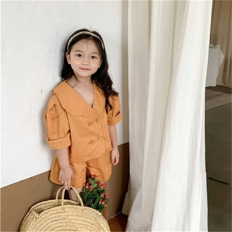 Лето поступление девушки мода 2 штуки костюм топ + шорты детей корейский Deisgn наборы девушки одежда 210528