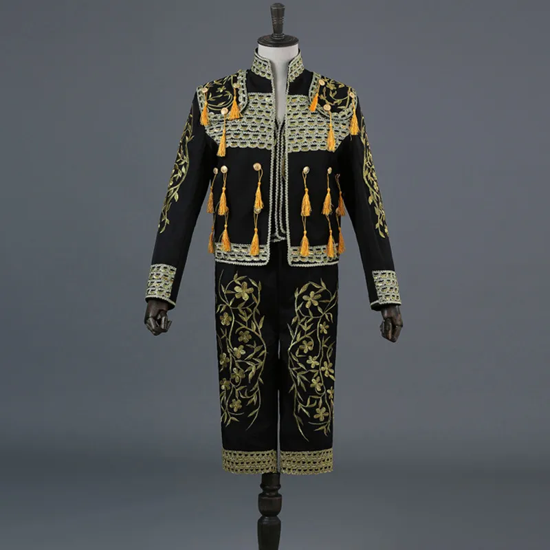 Gold Haft Tassel Cekiny Czarny 3 Sztuka Stage Garnitur (Kurtka + Spodnie + Kamizelka) Mężczyźni Bullfight Dance Singer Suit Blazer Matador Costume 210522