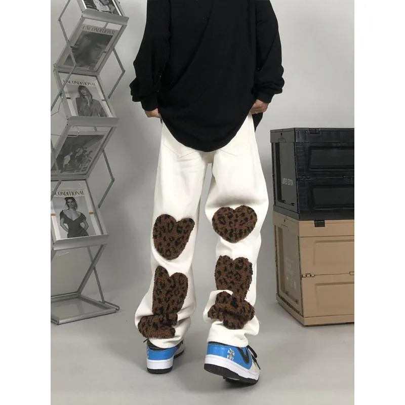 Calças de jeans masculinas Leopard Impresso Calças 2021 Outono Estilo High Street do Outono Casual Loose Reta Bordada Lareira