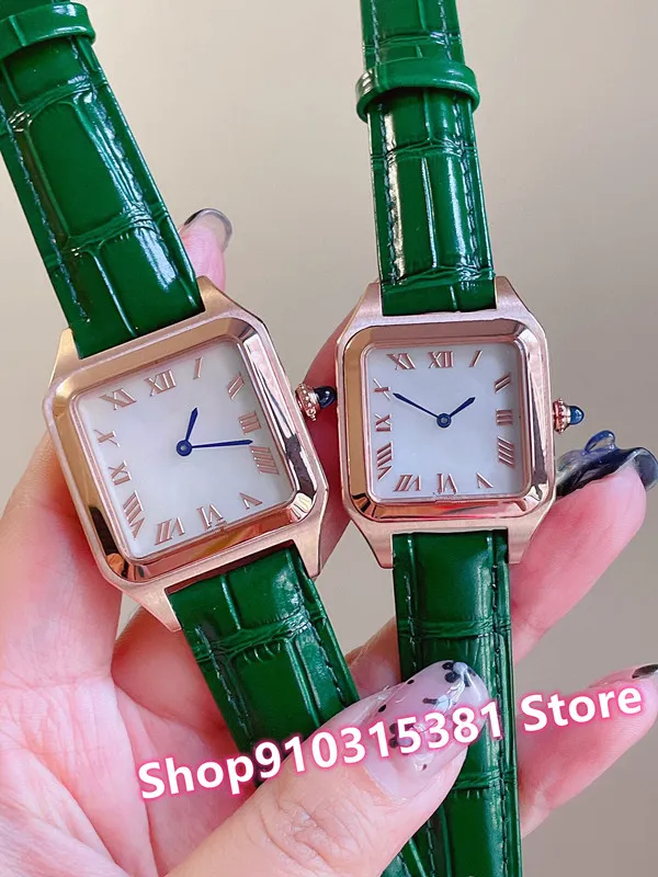 ベストセラー 28mm 32mmカップルクォーツ時計ステンレス鋼幾何学的正方形腕時計のためのステンレス鋼の幾何学的な正方形の腕時計真珠の時計の緑の革母 オンラインの新製品 Visitylojarvi Fi
