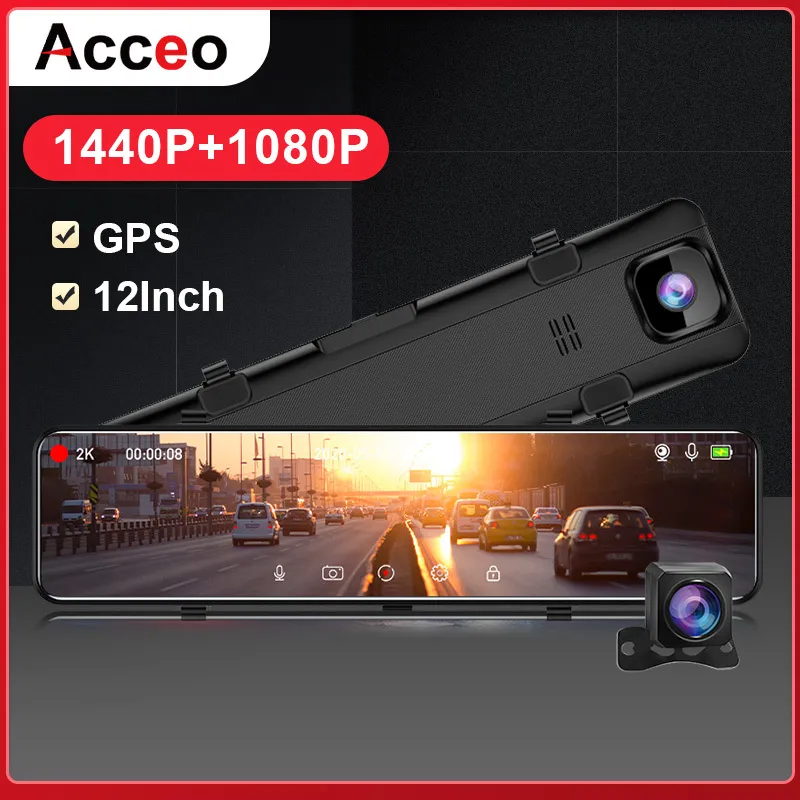 ACCEO A46 Car Dvr 12 pollici Specchietto retrovisore 2K Dash Camera Dual lens Videoregistratore Night Vision Registrar Dvr GPS