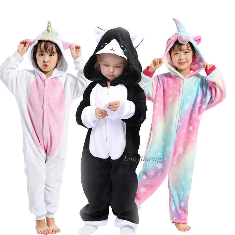 여자 옷 어린이 골드 경적 유니콘 잠옷 키구 루미 만화 동물 핑크 Licorne Onesie 슬리퍼 소년 할로윈 의상 점프 210908