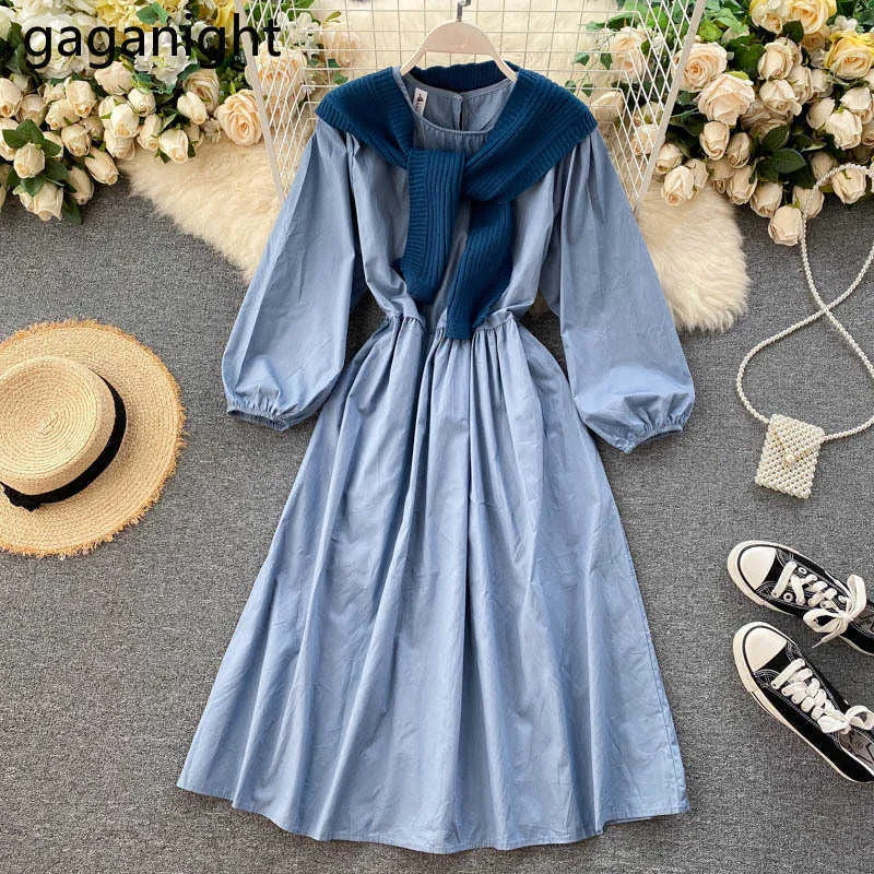 Preppy Casual Dresses: Women's Fall Knitted Dress with Puff Sleeves and  Shawl - Knee Length O-Neck Vestido