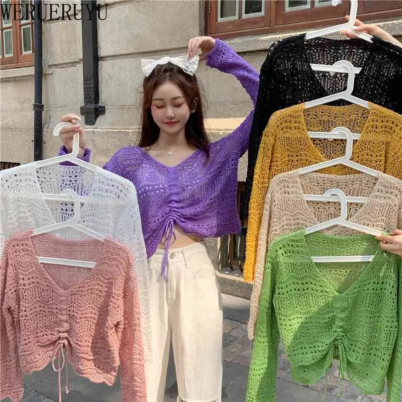 Werueruyu 7 kleuren lange mouwen uitgehold trui vrouwen dunne slanke tops Wild Koreaanse chique zoete snoepkleur Knit 210608