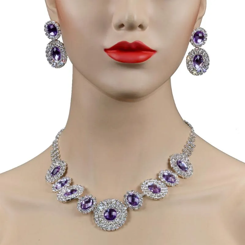 귀걸이 목걸이 Chran Purple Crystal Set Silver Plated African Rhinestone Jewelry