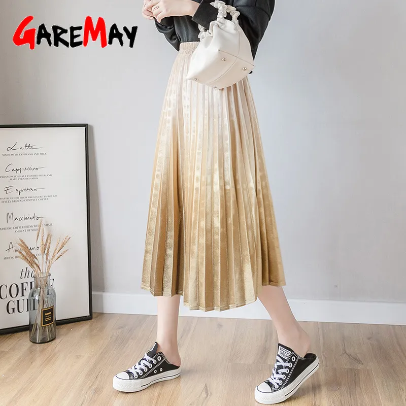 High Waist Pleated Skirt for Women Spring Gradient Color Midi Female Casual A-line s Gold Velvet Maxi s 210428