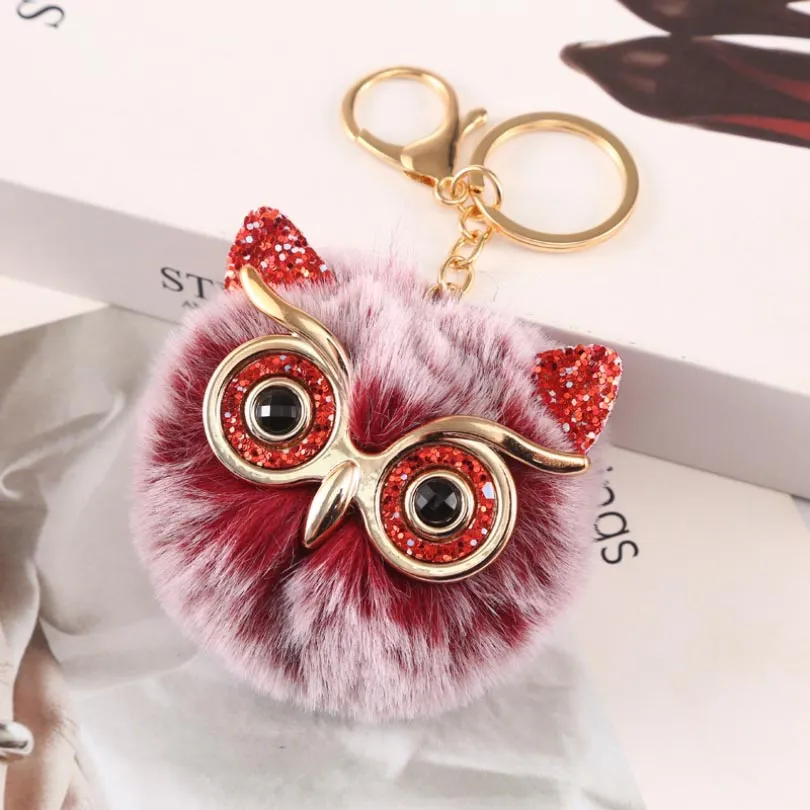 Party Gifts Cute Cat Fur Ball Keychain Girls Star Hand Bag Car Ornaments Accessories Sequins Big Eyes Owl Pendant Keyring Free DHL Ship HH21-468