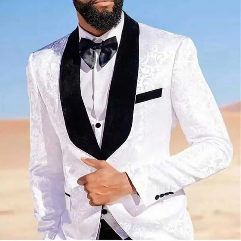 白い花柄の男性の男性のスリムなフィット感ウェディングディナー3ピース新郎タキシードブラックショールラペルアフリカのファッションジャケットベストX0909
