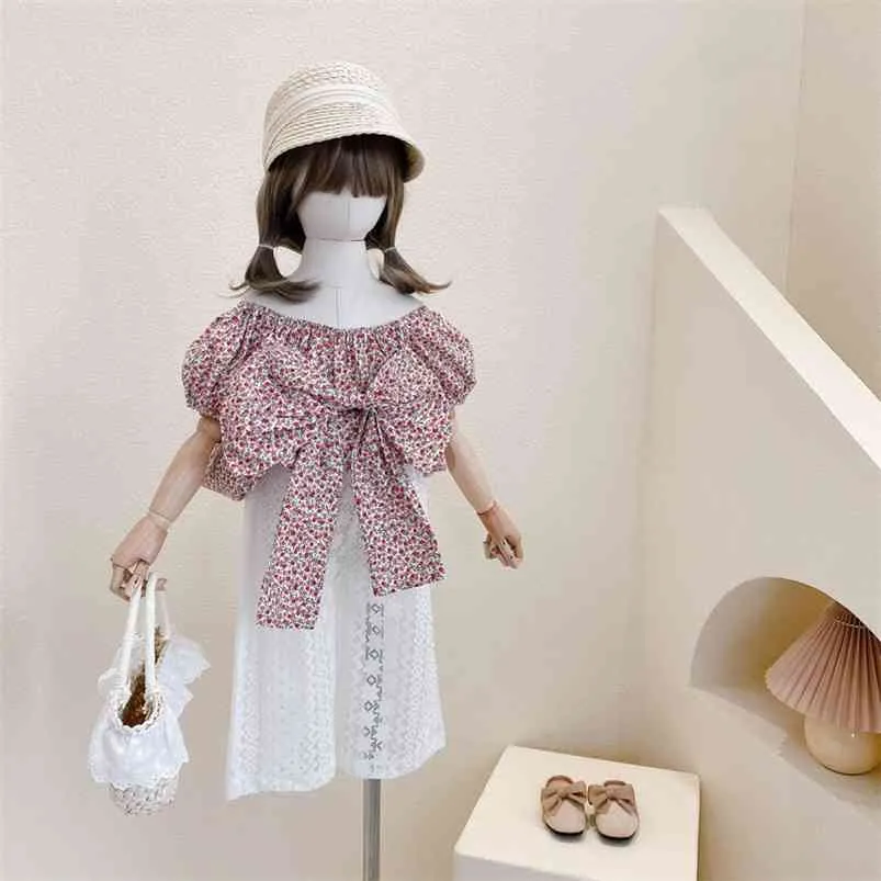 Girls' Clothes Suit Summer Floral Bow Blouse+Lace Wide-Leg Pants Fashion Baby Kids Children'S Clothing Sets 210625