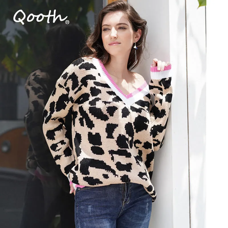 Qooth Donne Leopardo Lavorato A Maglia Maglione Inverno Animal Print Con Scollo A V Manica Lunga Femminile Pullover Maglioni Allentati Casuali QT326 210518