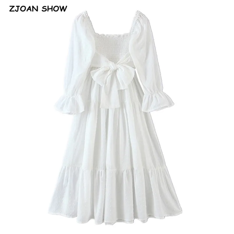Vår 3D dot vit elastisk räckt kropp långärmad swing klänning eleganta kvinnor slips båge ramar pläterade midi klänningar vestido 210429
