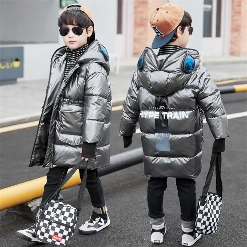 Meninos Parker Inverno Algodão Down Jacket Big Thils Gluss Coat Mid-Length Miúdos Miúdos Couro Brilhante Roupas 211203