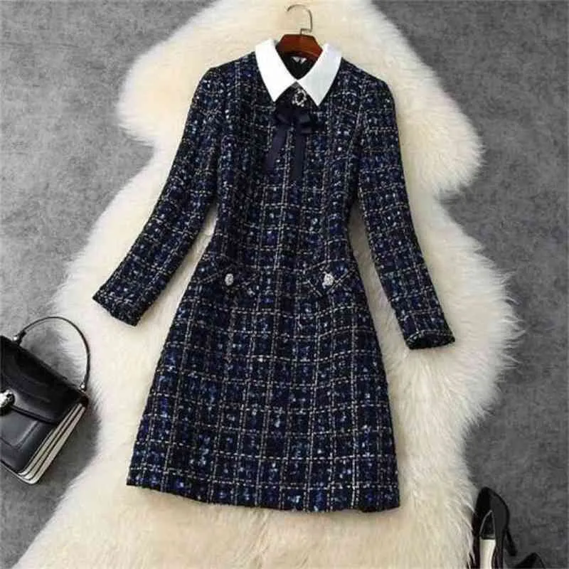 High Quality Runway Woman Clothes Elegant Diamonds Bow Long Sleeve Casual Slim Plaid Retro Tweed Woolen Dress Vestidos 210519