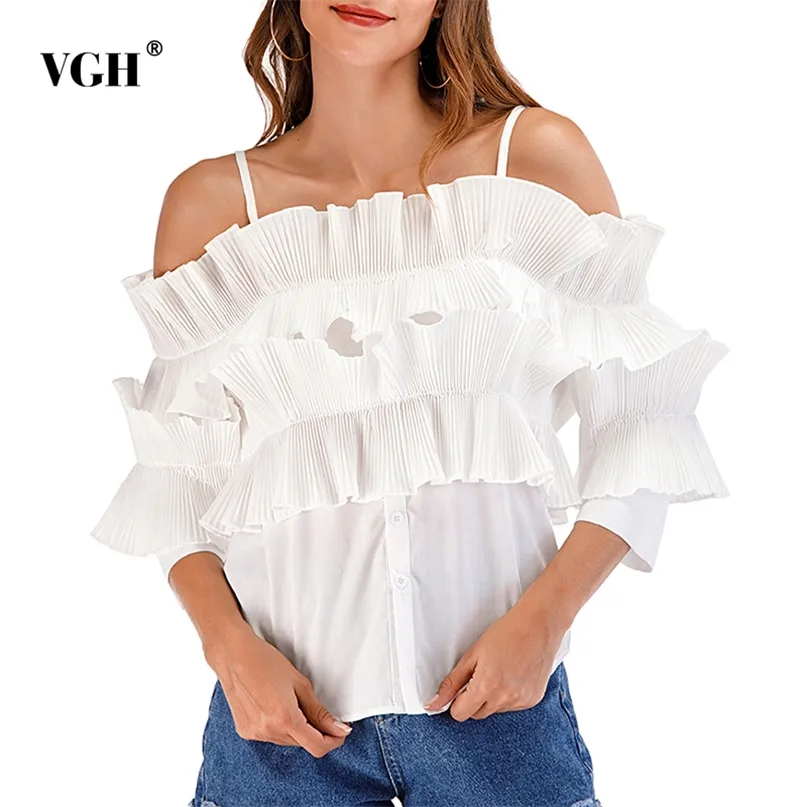 Casual White Ruffle T Shirts för Kvinnor Square Collar Tre Kvartär Ärm Ruched Slim Korean Solid Blusar Kvinna Fashion 210531