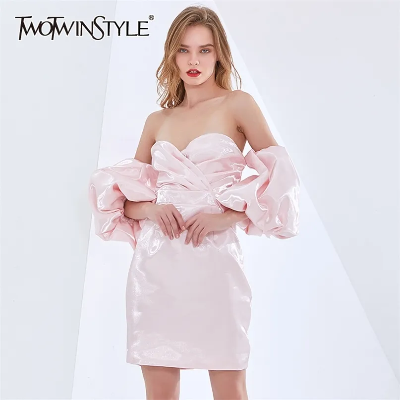 Vestido rosa con hombros descubiertos para mujer Slash Neck Puff manga cintura alta vestidos delgados ropa de moda femenina 210520