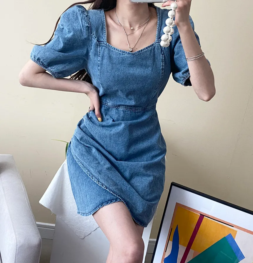 Chic Vintage French Square Collar Bubble Sleeve Denim Dress for Women with Side-Pressed Pleats and Irregular Bag - South Korean Style Denim Denim