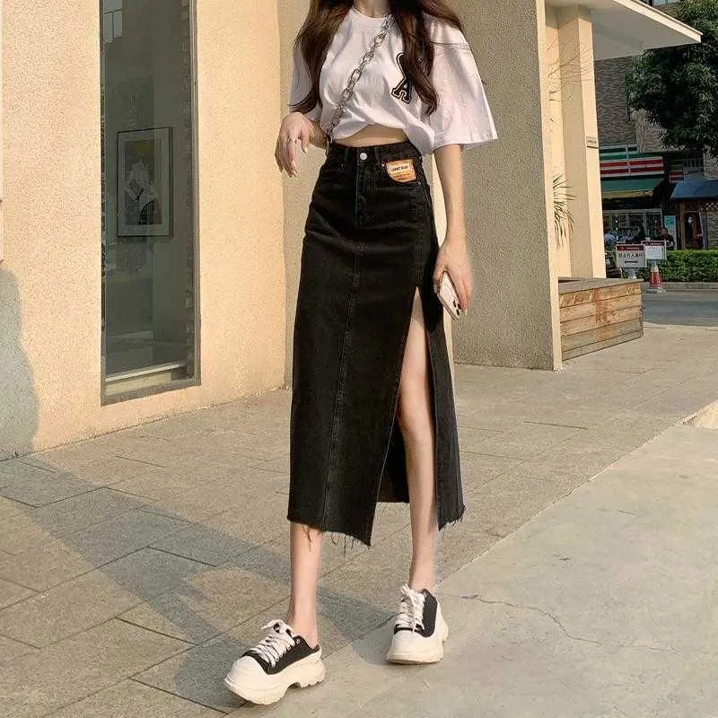 Women's Denim Skirt Mid-length High Waist Korean Style Slim Fit –  ScarlettRolling