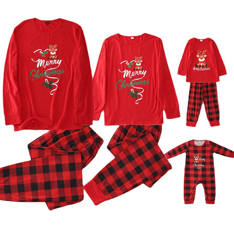 Christmas Pajamas Sets For Family 2021 Cute Plaid Reindeer Holiday Sleepwear Matching Xmas Pjs Family Photography Outfit 2sets HH21-814