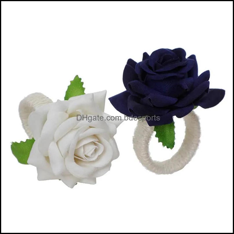 Valentine`s Day Rose Flower Napkin Ring Romantic Simulation Champagne Napkin Buckle Creative Hemp Rope Braided Table Decoration