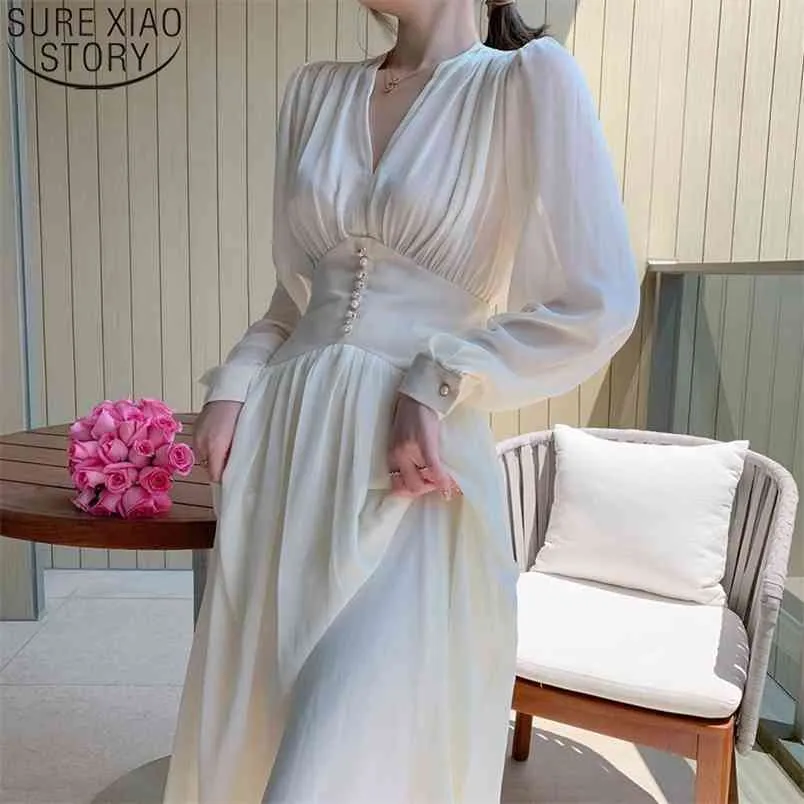 Office Lady V-neck Loose Midi Dresses Elegant Sexy Women White Long Sleeve Party Autumn Clothing Female 12097 210506