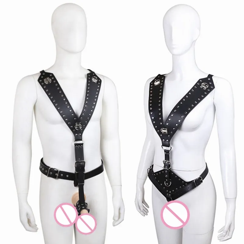 Sex Bondage Strap Men Women PU Leather Harness BDSM Games Dildo Hole Adjustable Adults Erotic Clothes Bundled Straps Y0406