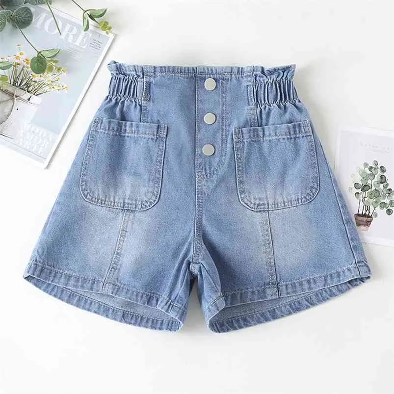 Calções de jean coreano para crianças meninas Uma linha de algodão calças jeans botons cintura elástica crianças roupas 4 8 12 anos de roupa adolescente 210622