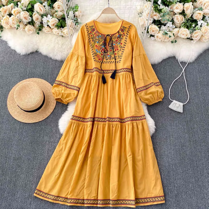 Singreiny Mulheres Vintage Vestido Vestido Vestido Buff Manga O Pescoço Casual Solto A-Linha Vestidos Autumn Bohemian Bordado Midi Vestido 210419