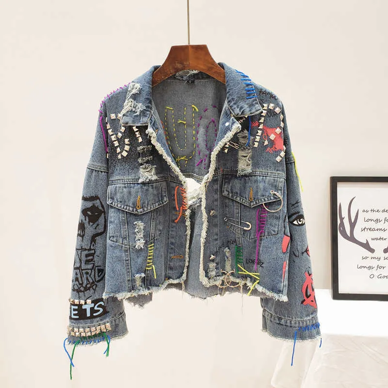 Damenjacken Frühling Herbst Neue Frauen Street Fashion Graffiti Denim Jacke Weibliche Persönlichkeit Kurze Rohschnitt Niet Fransen Jean Mantel Y0827