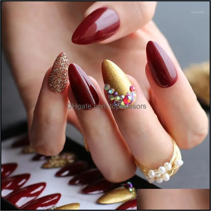 Nail Health BeautyStiletto False Nails Medium Almond Art Salong Glansig Fake Glänsande Golden Glitter Crystal Diamond1 Drop Leverans 2021 Tuqk9