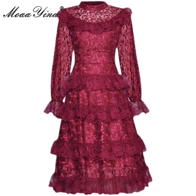 Mode Designer Dress Spring Women's Dress Långärmad Mesh Broderi Lace Cascading Ruffle Dresses 210524