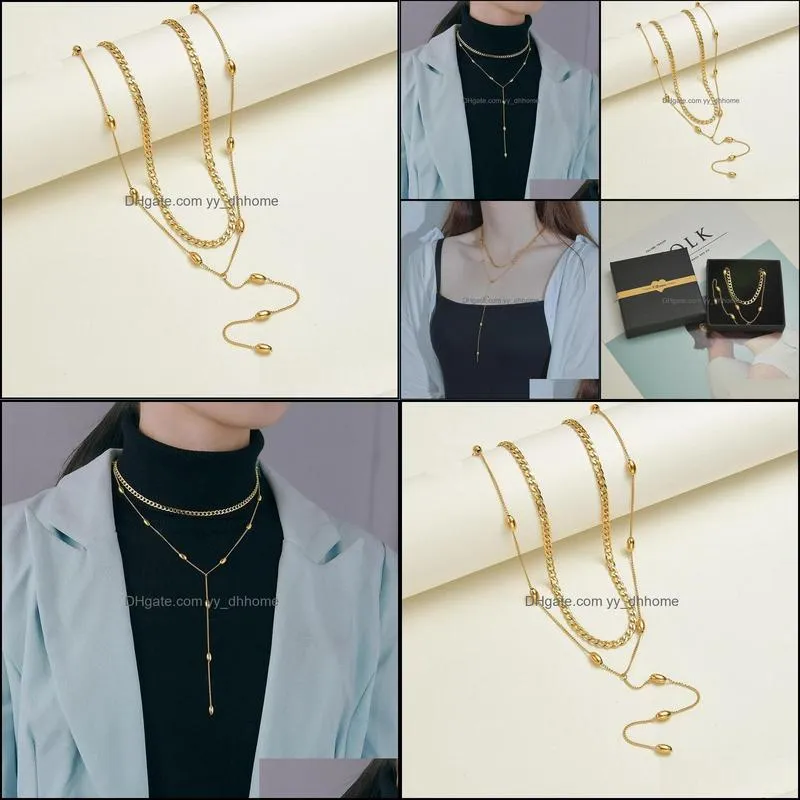 Chains MEYRROYU Stainless Steel 2 Layer Gold Color Beads Necklace For Women Tassel Chain Choker 2021 Trend Party Gift Fashion Jewelry