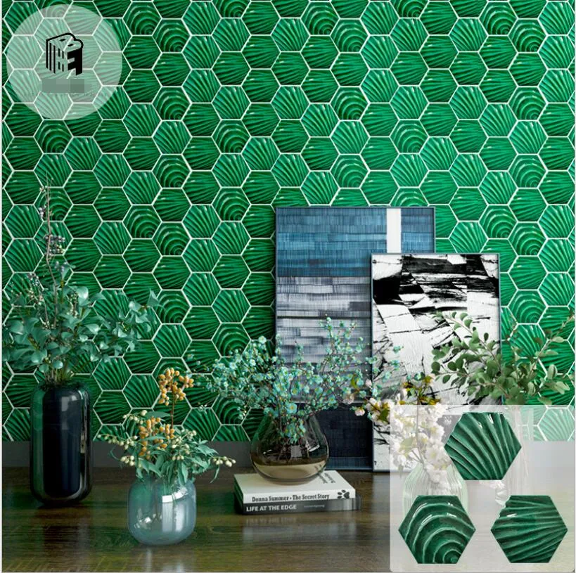 六角形タイル: ホテル、レストランの壁装飾用の手作りグリーンシェル
